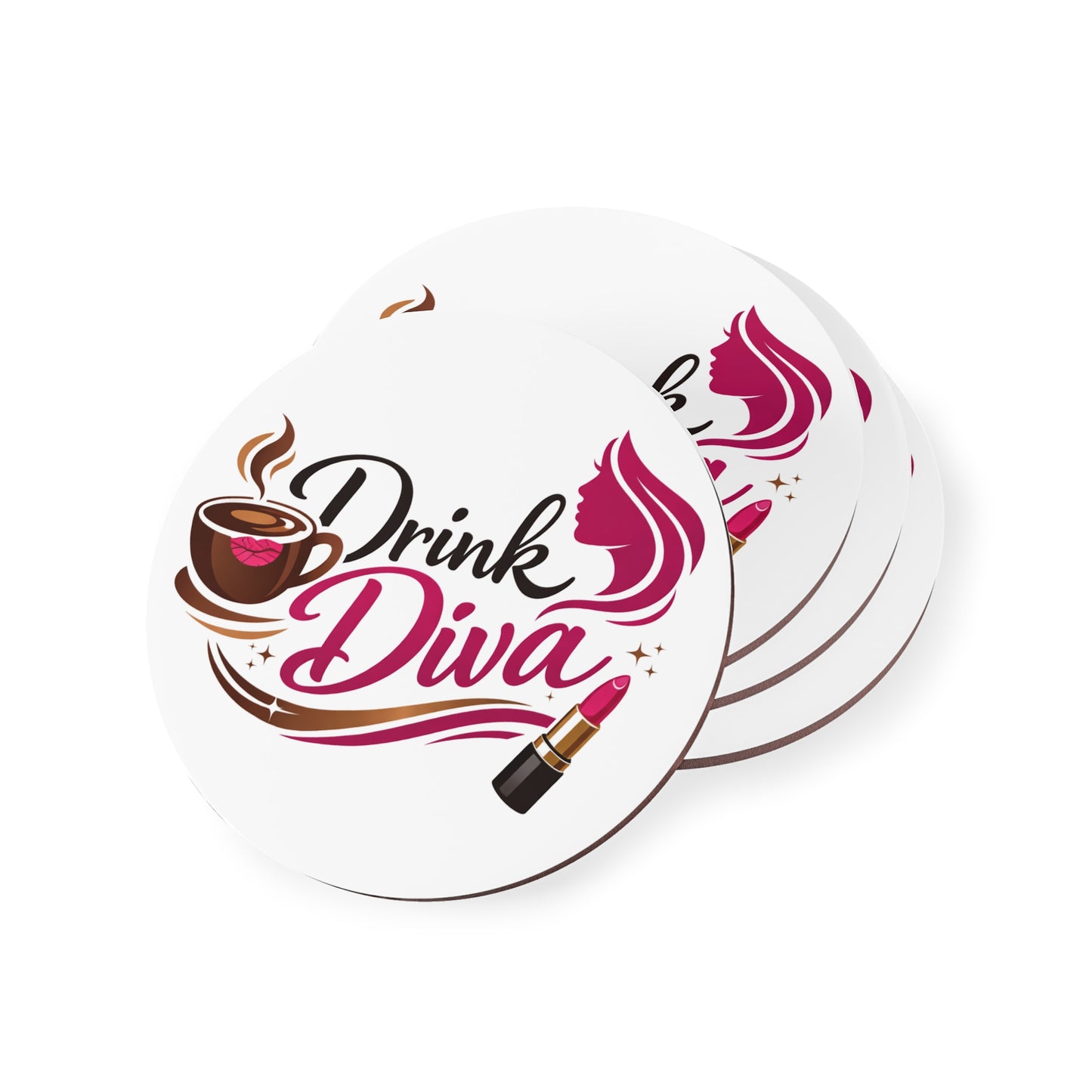 Drink Diva Coaster — Feminine Coffee & Cocktail Cork Coaster with Lipstick Graphic