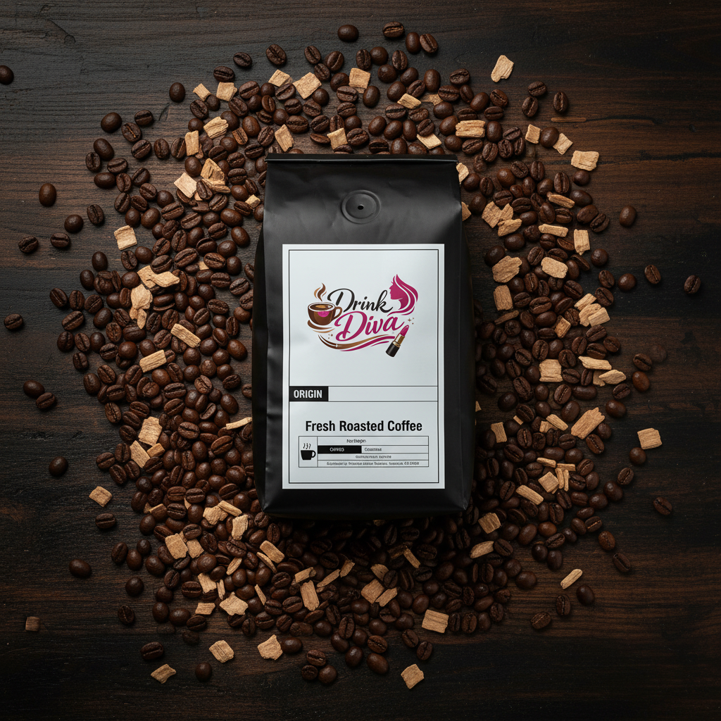Whiskey Barrel Aged Coffee bag flat lay with coffee beans and oak chips