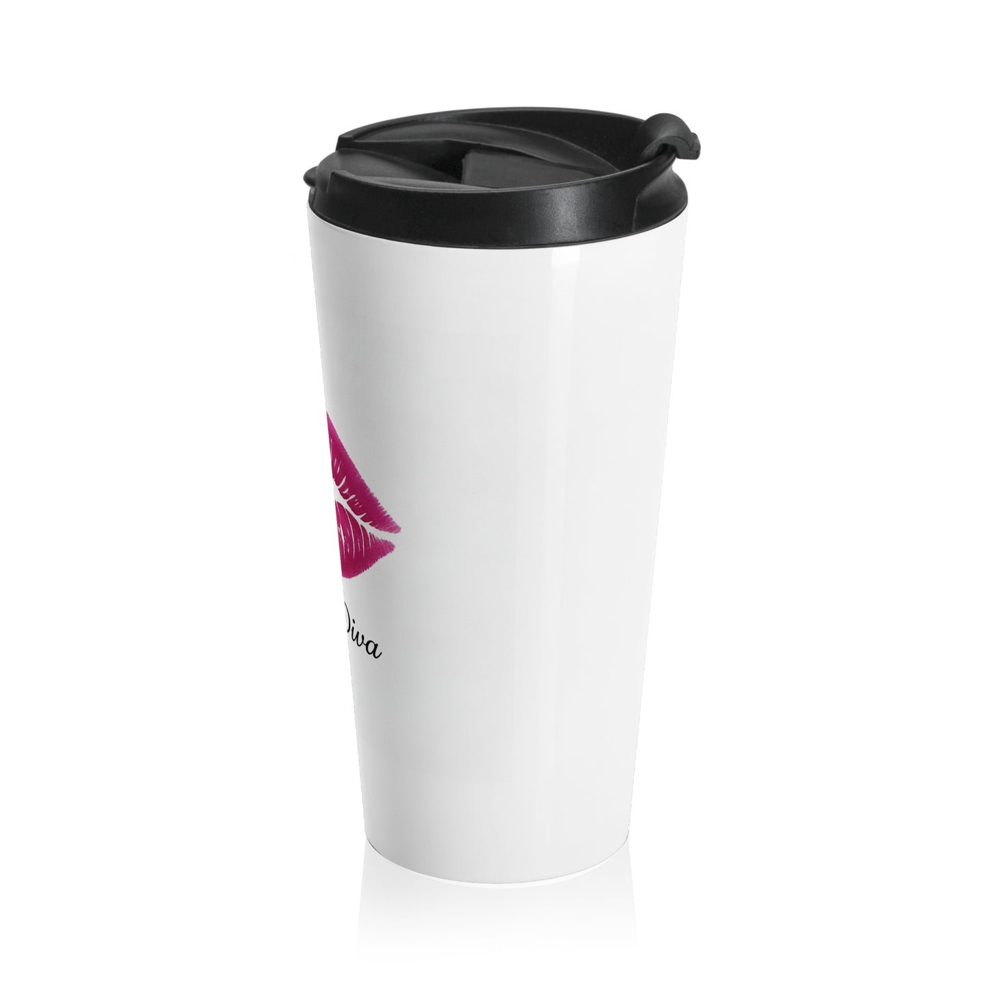 Travel Mug - 'Drink Diva' Pink Lip Print Stainless Steel Tumbler