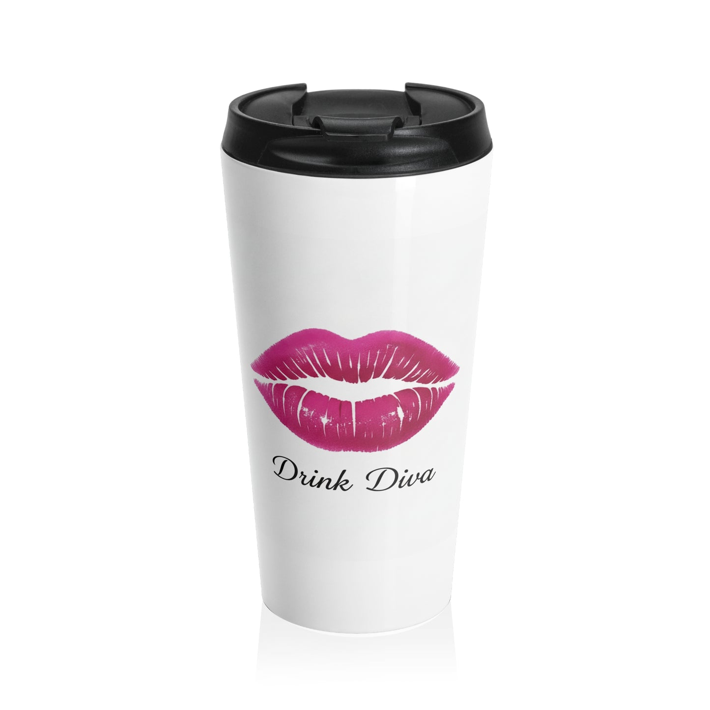 Travel Mug - 'Drink Diva' Pink Lip Print Stainless Steel Tumbler