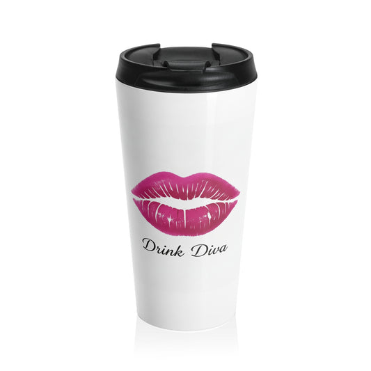 Travel Mug - 'Drink Diva' Pink Lip Print Stainless Steel Tumbler