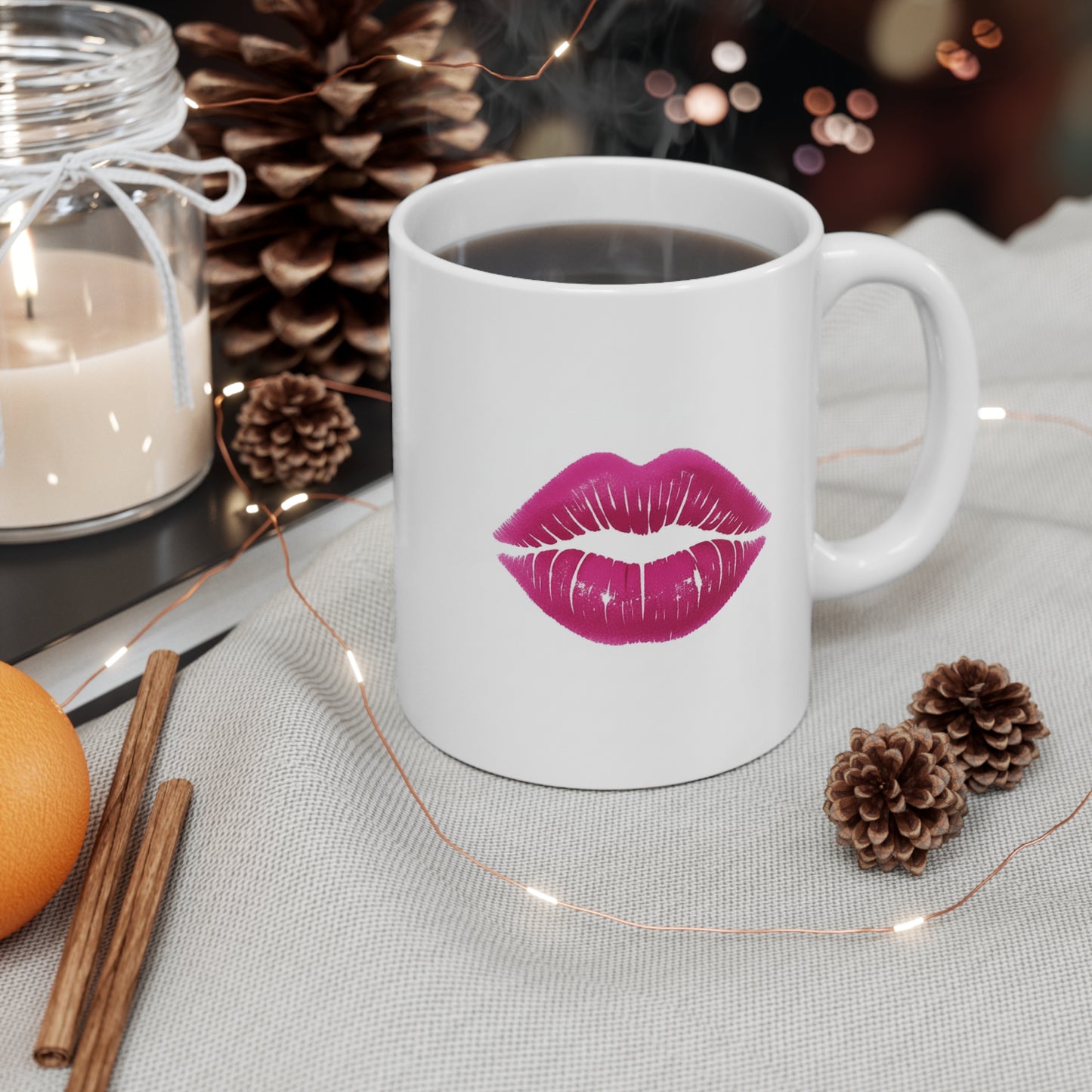 Kiss Print Mug — Pink Lip Graphic 11oz Coffee Cup