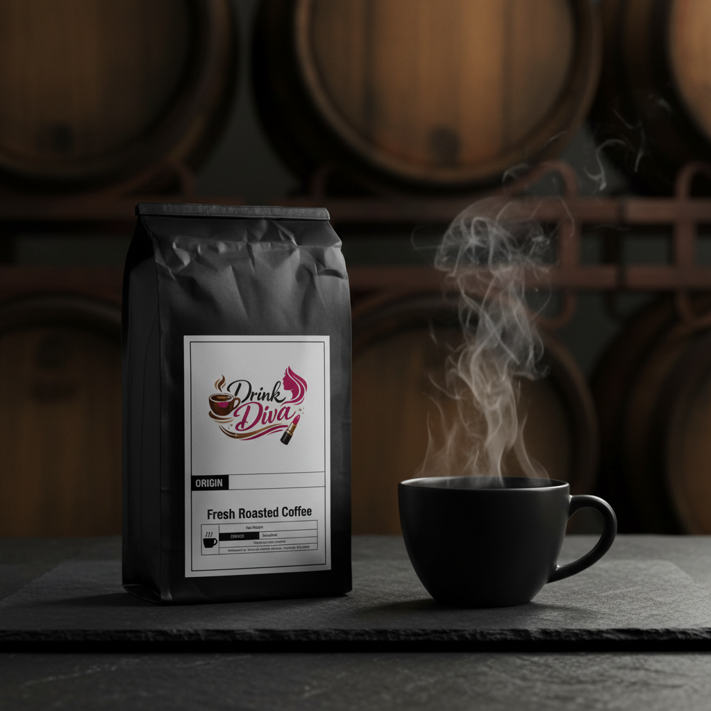 Whiskey Barrel Aged Coffee bag beside steaming coffee cup with bourbon barrel backdrop