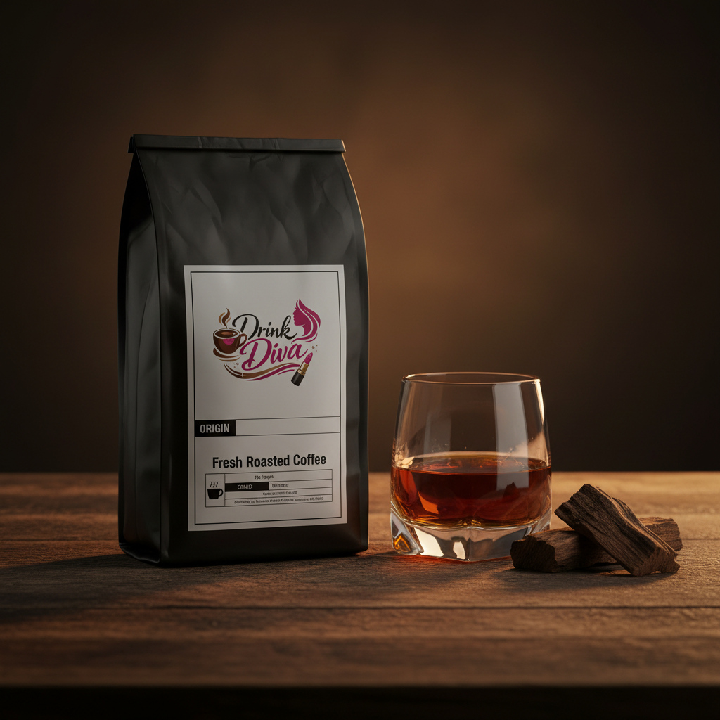 Whiskey Barrel Aged Coffee bag with bourbon whiskey glass on dark wood